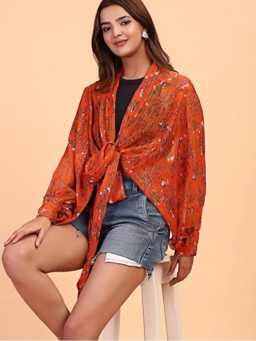 Free People Solstice Shimmer Tie Front Hypnotic sheer wrap orange gold one size